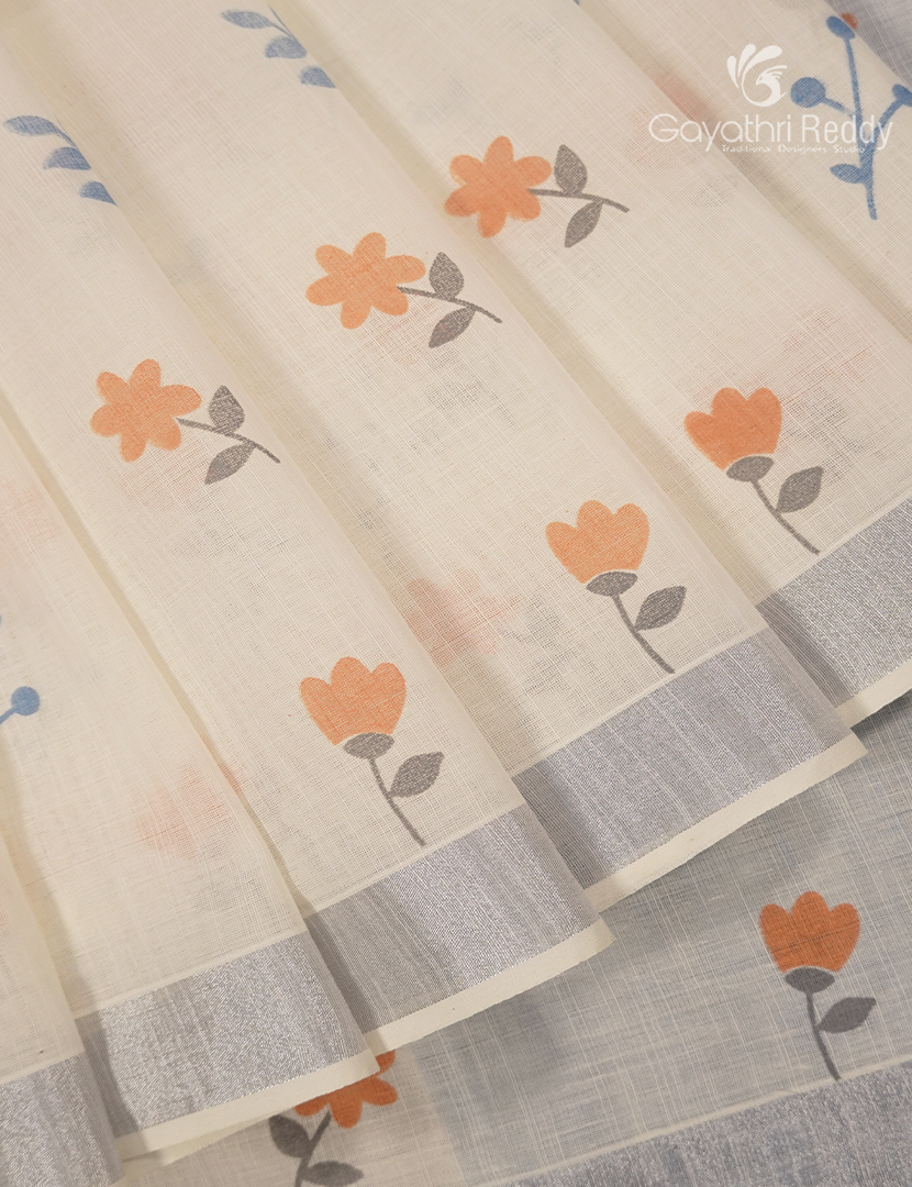 Pure Kanchi Cotton Printed Saree in Ivory