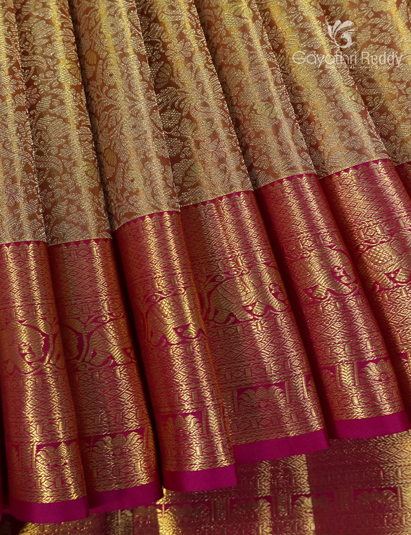 Pure Kanchipuram Silk Bridal Saree in Rose Gold and Red