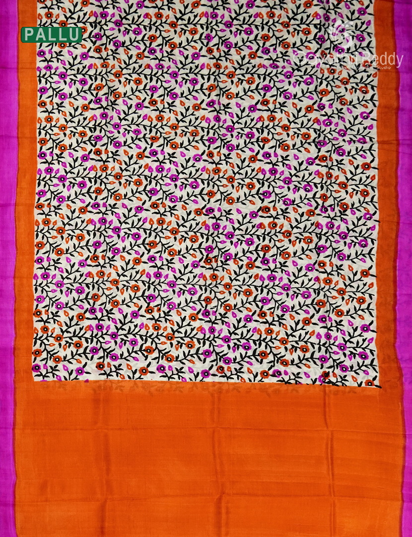 Pure Silk Saree in Cream and Rani Pink