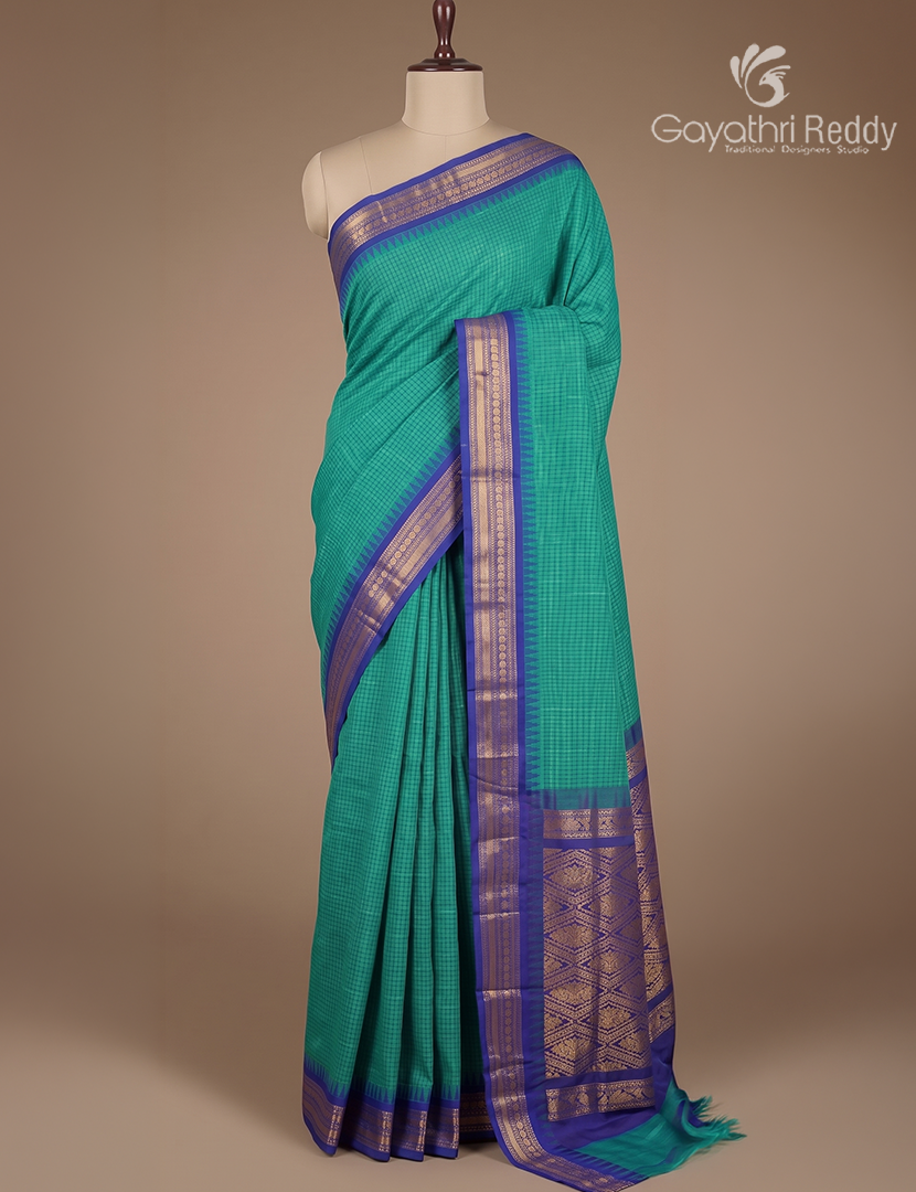 Pure Gadwal Cotton Saree in Sea Foam Green and Royal Blue