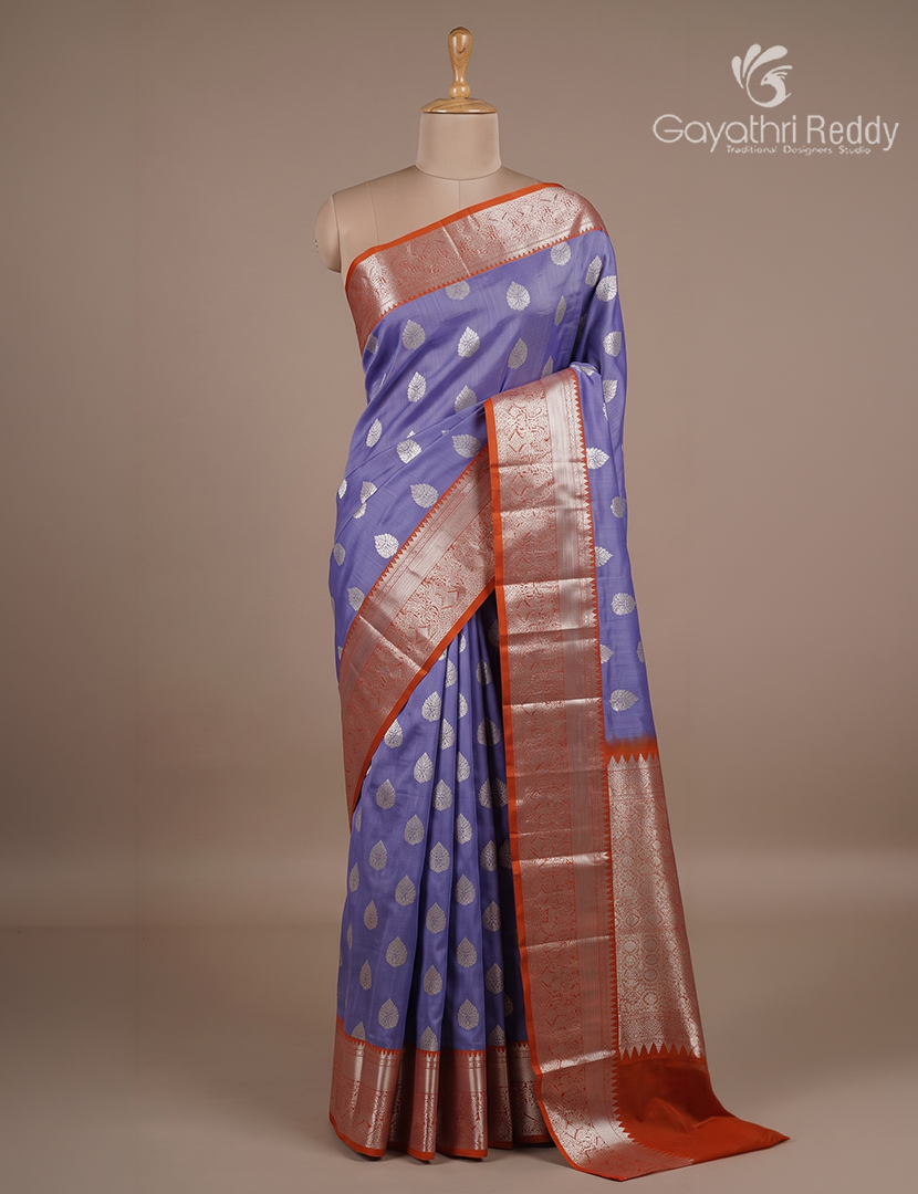 Pure Venkatagiri Silk Saree in Denim Blue and Deep Rust