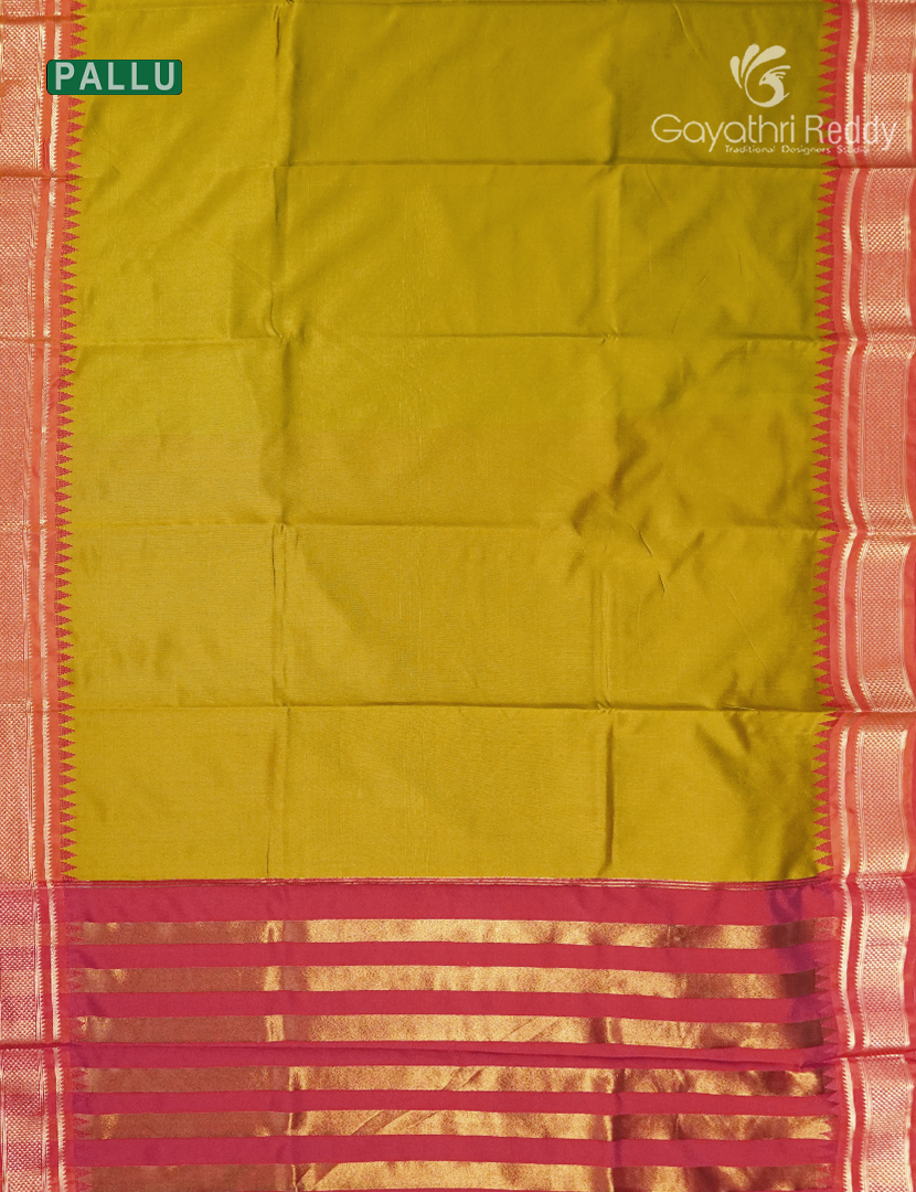 Semi Kanchipuram Art Silk Saree in Mehendi Green and Red