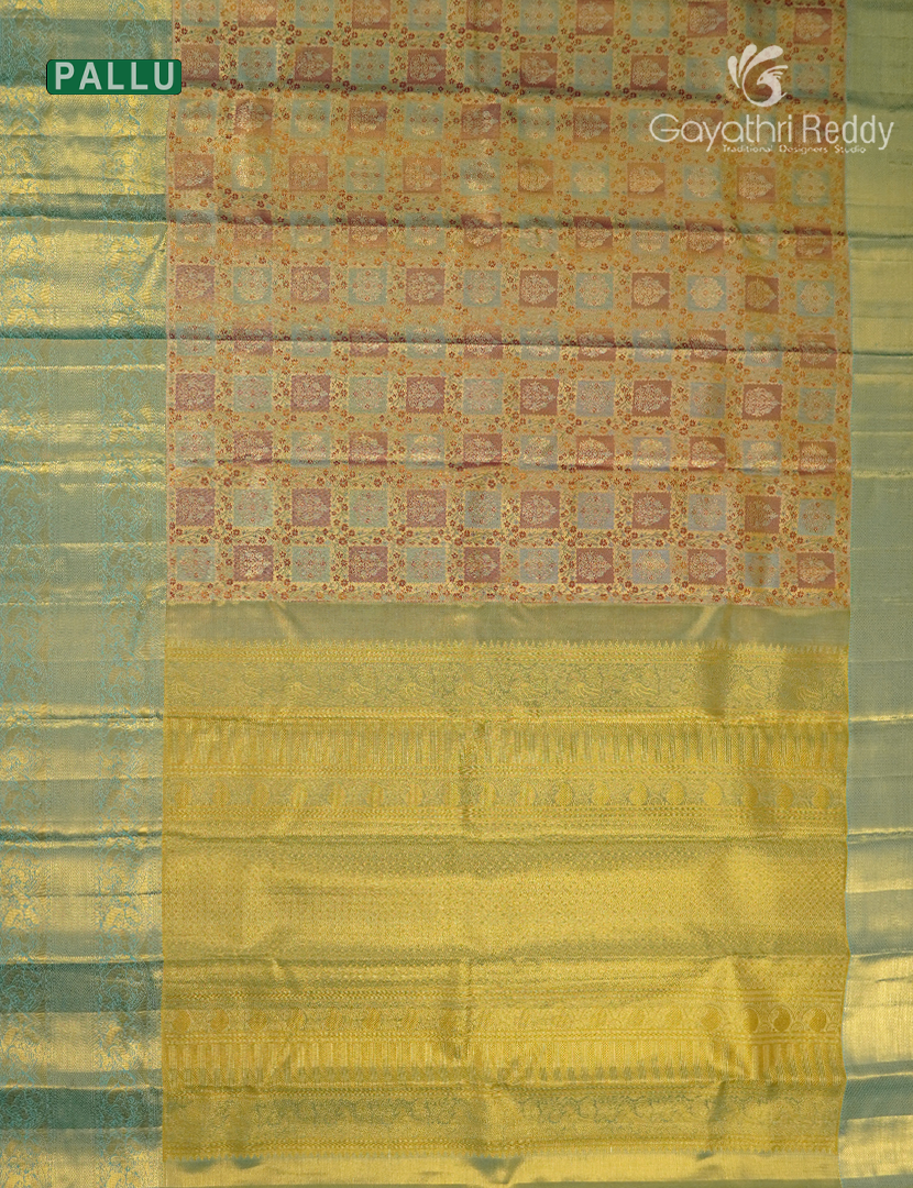 Pure  Kanchipuram Silk Saree  in Rose Gold and Mint Green ( Brocade Pattern )