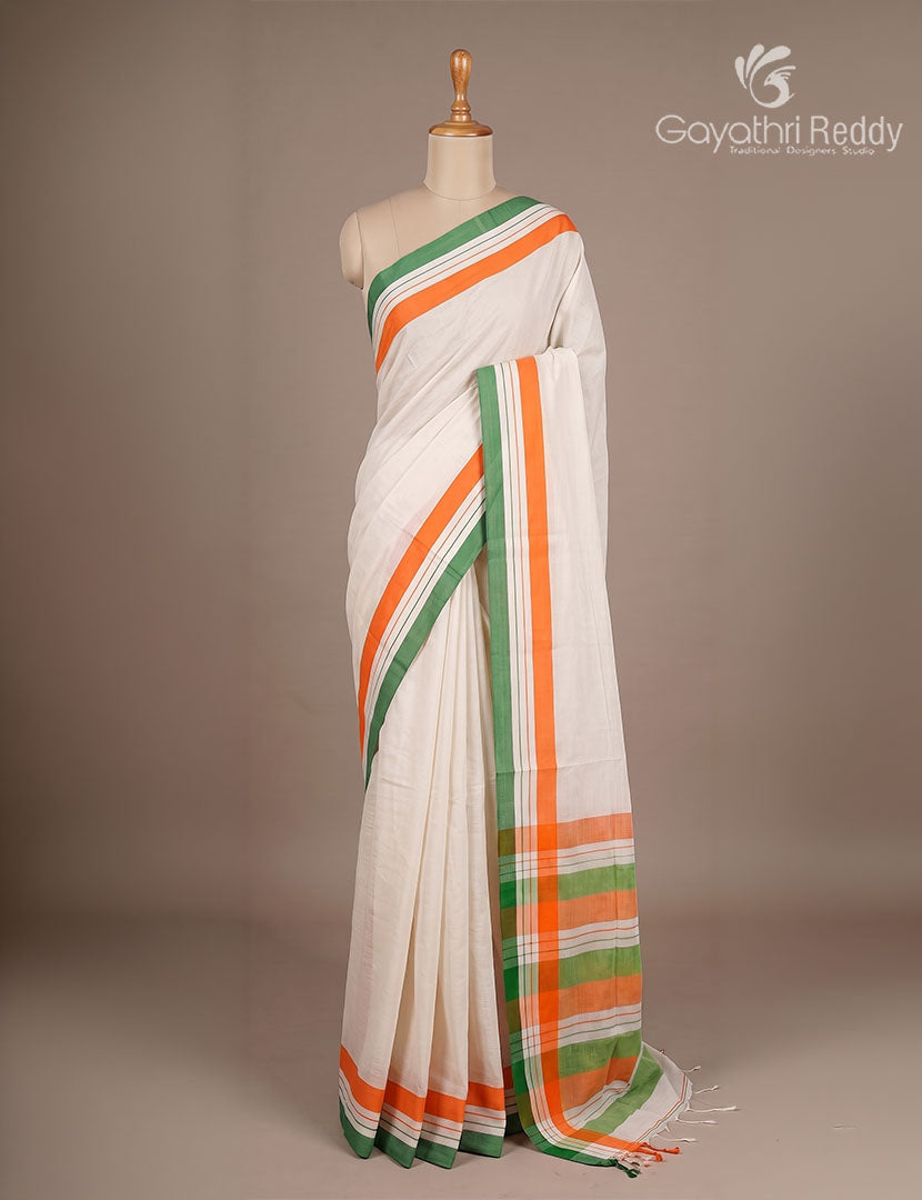 Tant Cotton  Saree in White with Tirangaa Border Independence Day Special