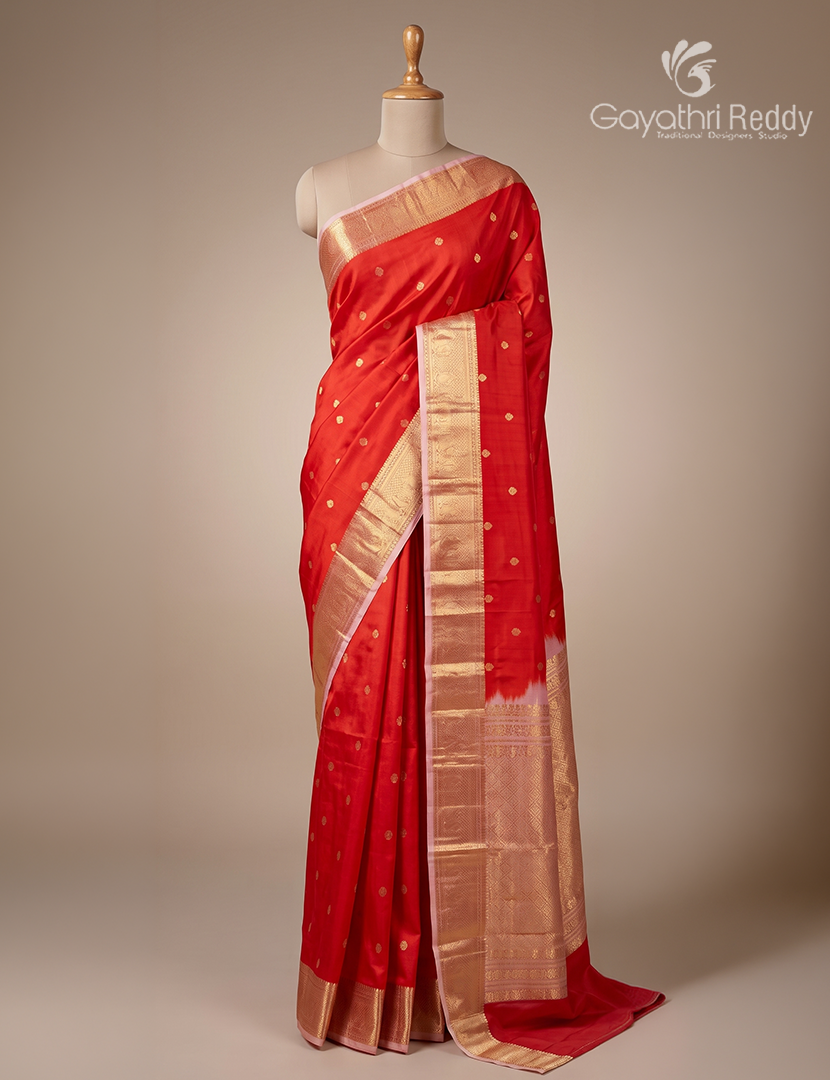 Pure Kanchipuram Silk Saree in Orange and Baby Pink