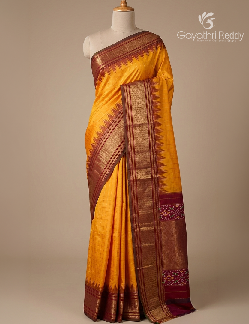 Pure Ikat Silk Saree in Yellow and Maroon Red