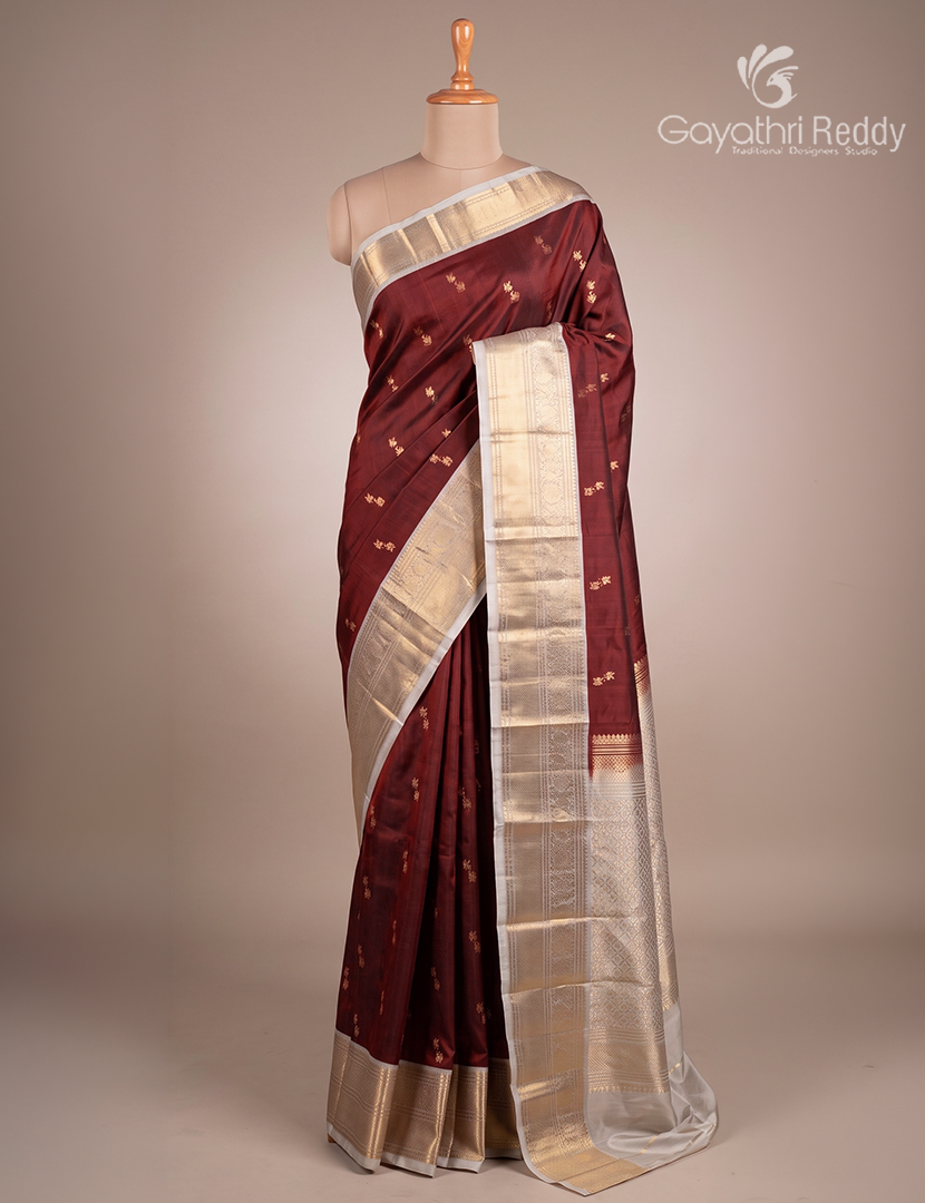 Pure Kanchipuram Silk Saree in Deep Brown and Pastel Concrete Grey  (Broad  Borders )-KP8778