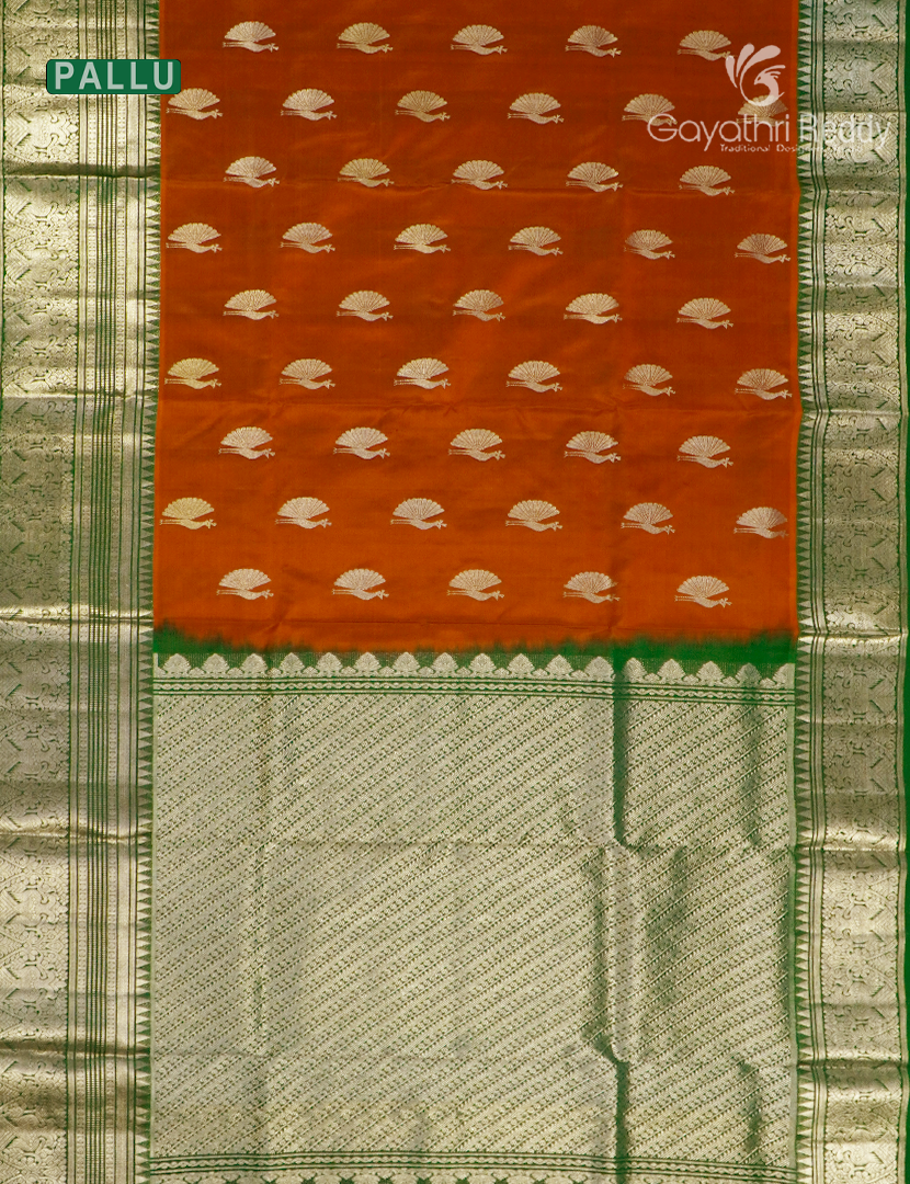 Pure Venkatagiri Silk Saree in Deep Rust and Mango Gree