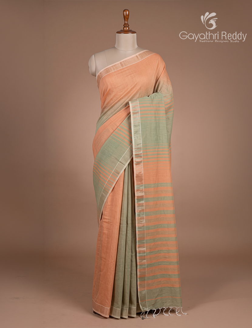 Pure Handloom Cotton Saree in Pista Green and Peach