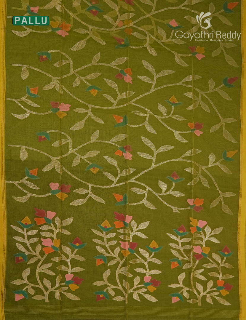 Pure Jamdani Kora Saree in Mehendi Green