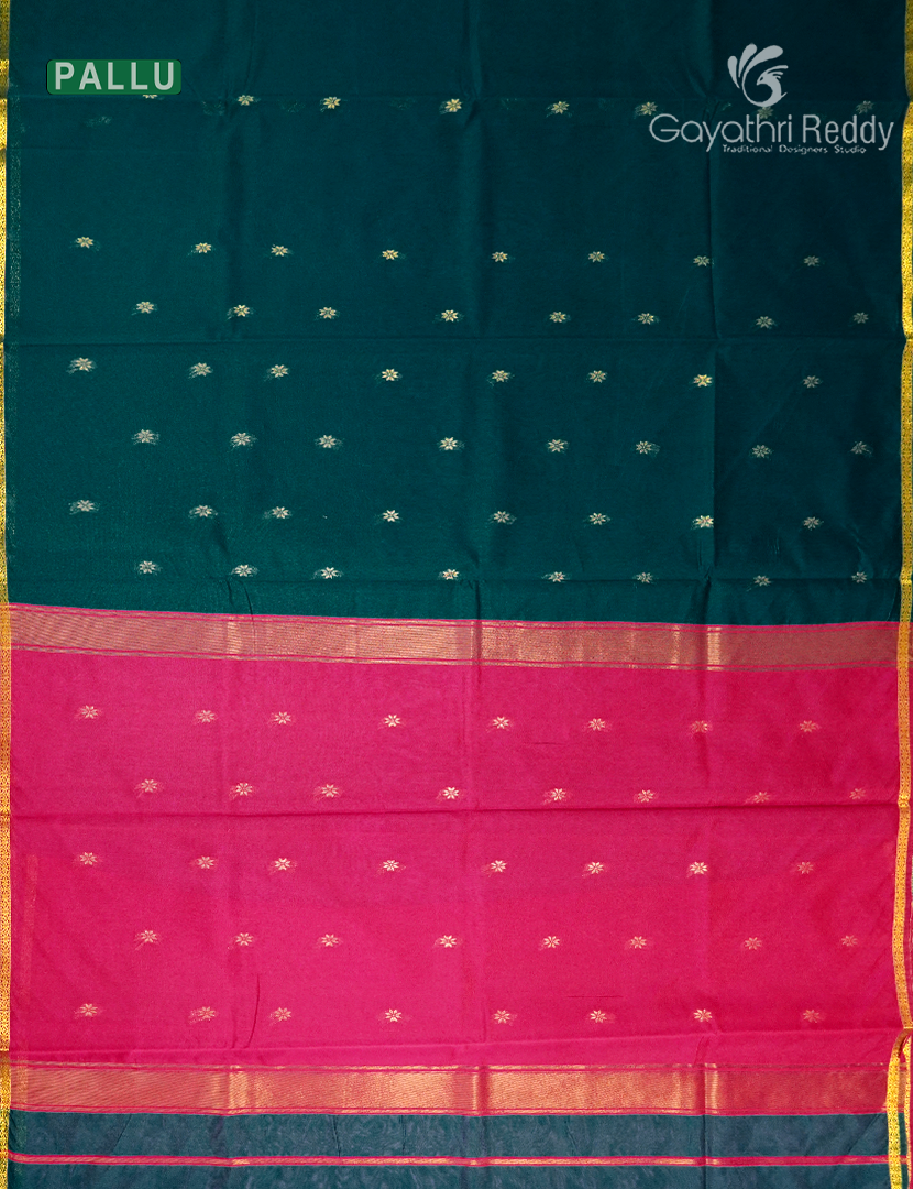 Silk Cotton Saree in Deep Mango Green and Rani Pink