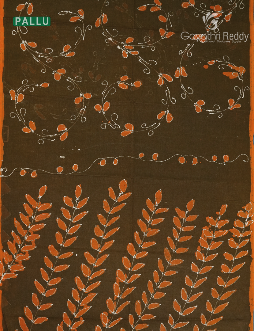 Cotton Batik Print Saree in Deep Mehendi Green and Orange