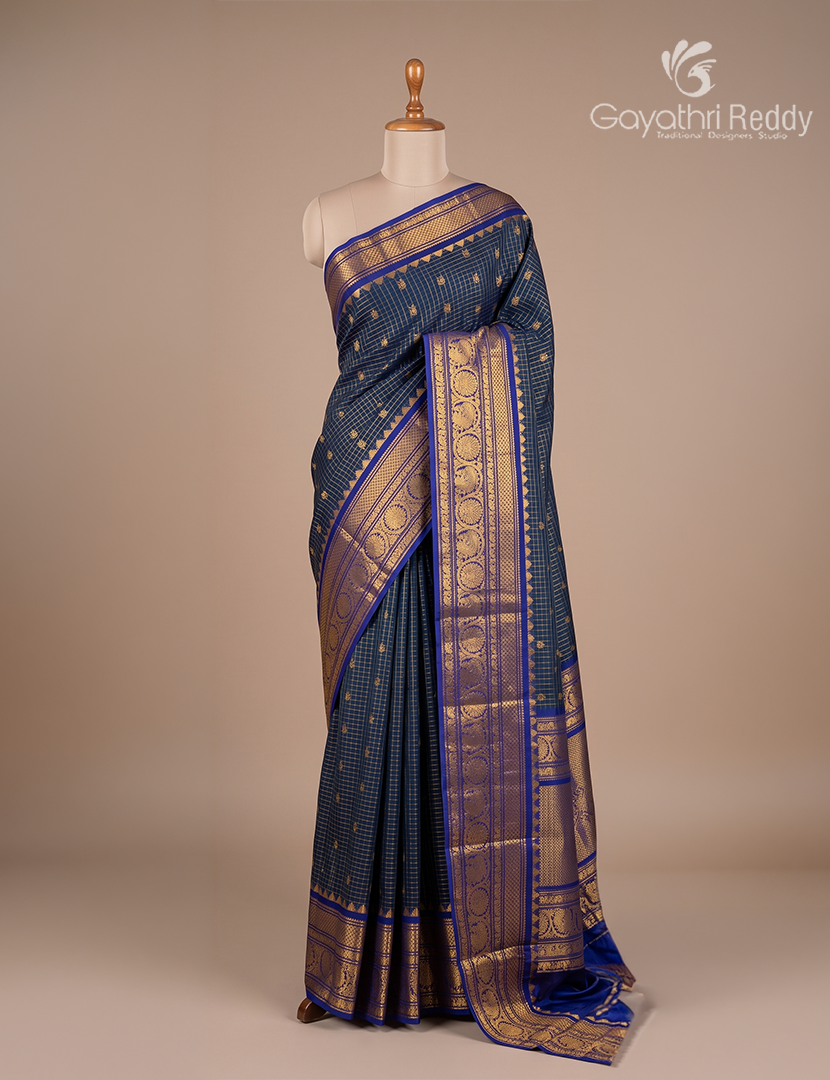 Pure Gadwal Silk Saree in Deep Peacock Blue and Navy Blue