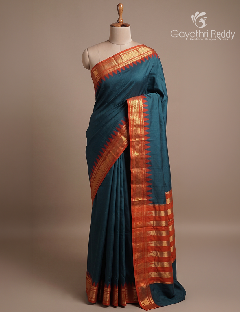 Semi Gadwal Saree in Deep Peacock Blue