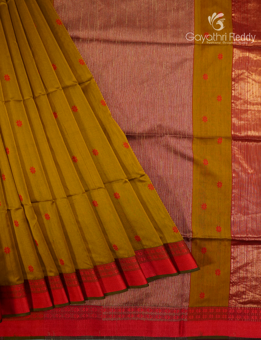 Pure Chanderi Sico Saree in Deep Mustard and Red