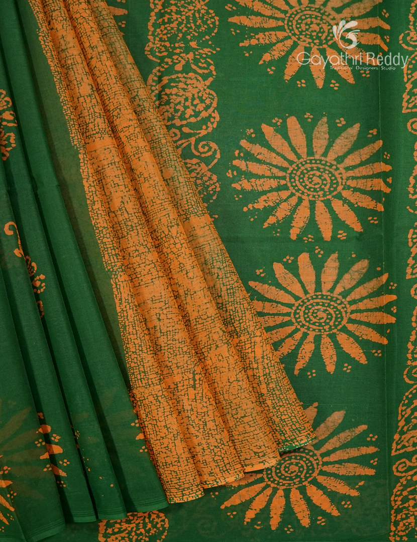 Cotton Batik Print Saree in Mango Green and Mustard