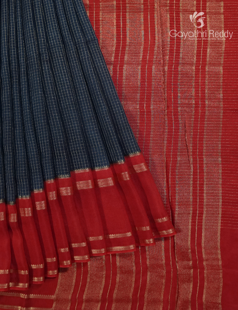 Semi Mysore Crepe Saree in Deep Peacock Blue and Bridal Red