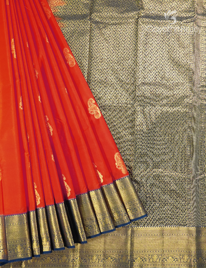 Semi Kanchipuram Silk Saree in Orange and Navy Blue