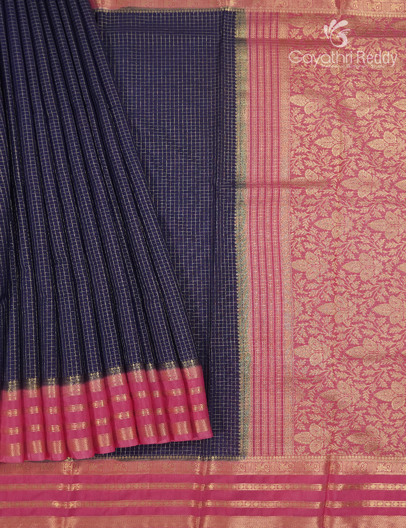 Semi Mysore Crepe Saree in Navy Blue and Rose Pink