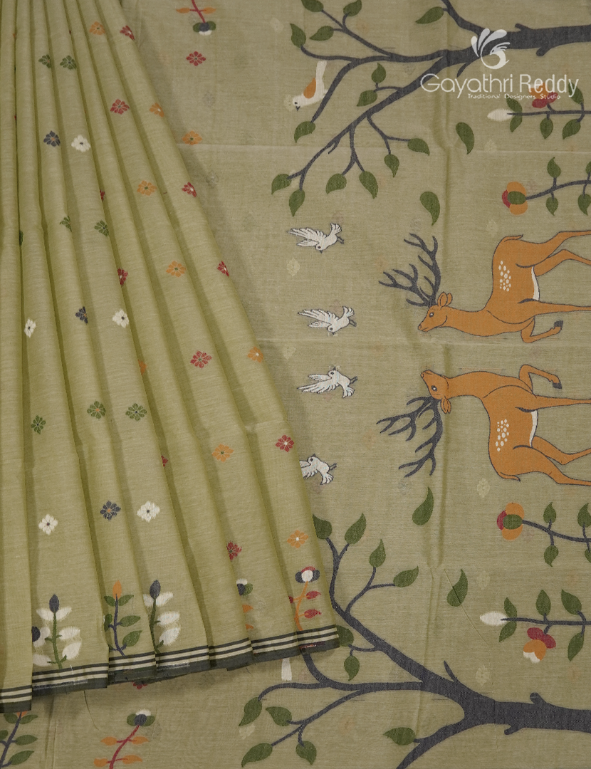 Jamdani Cotton Saree in Mehendi Green