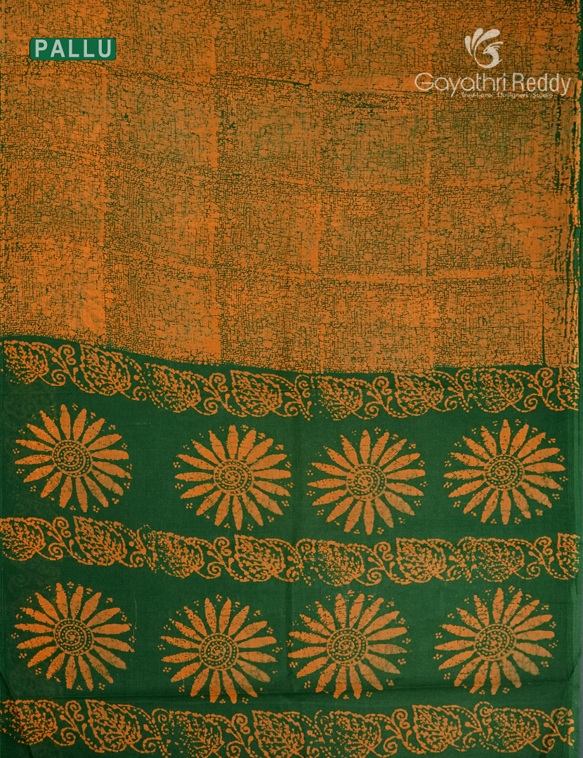 Cotton Batik Print Saree in Mango Green and Mustard