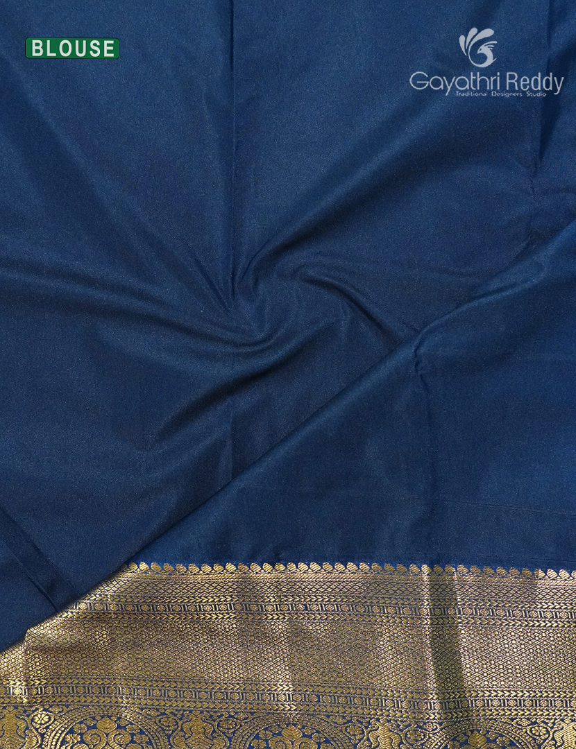 Semi Kanchipuram Silk Saree in Orange and Navy Blue