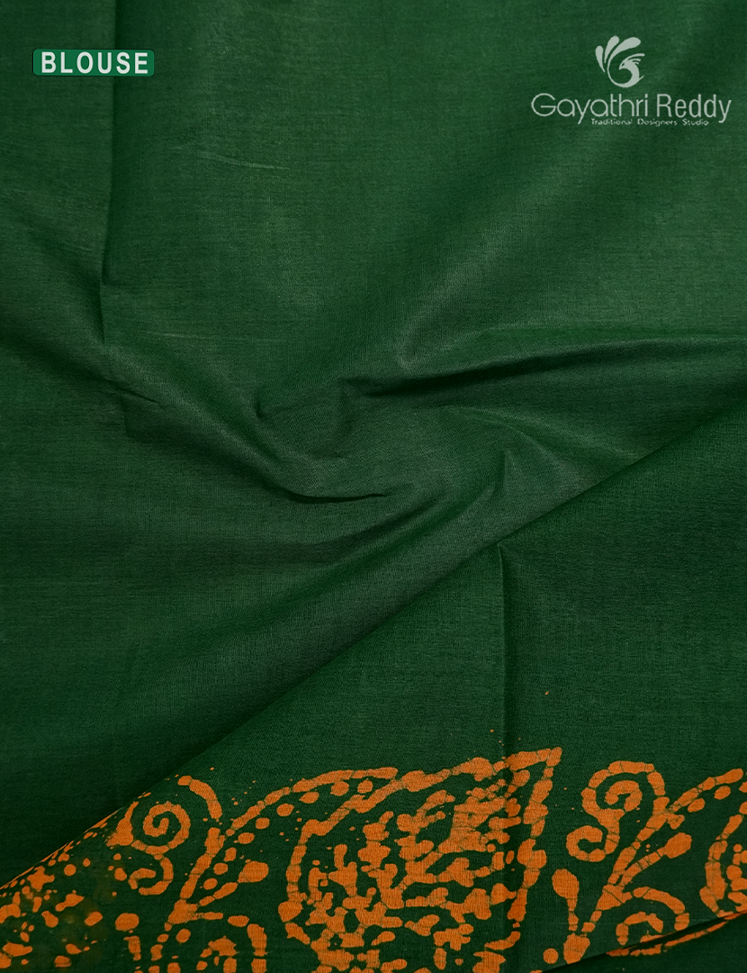Cotton Batik Print Saree in Mango Green and Mustard