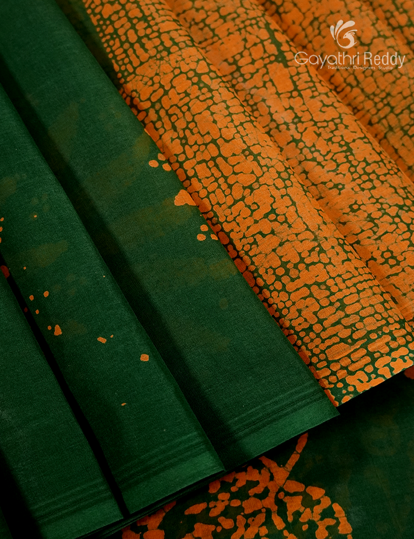 Cotton Batik Print Saree in Mango Green and Mustard