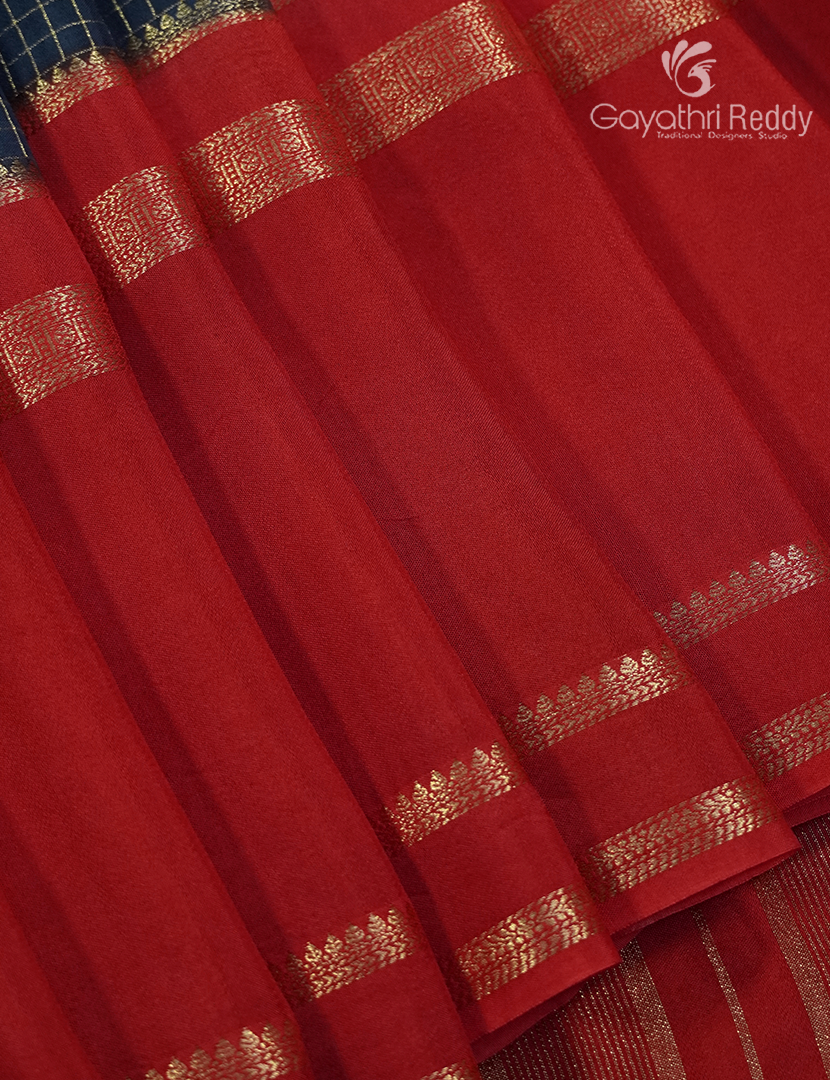 Semi Mysore Crepe Saree in Deep Peacock Blue and Bridal Red