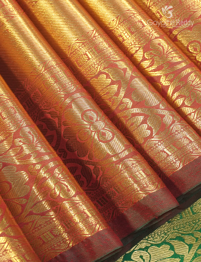 Semi Kanchipuram Silk Saree in Orange  and Parrot Green