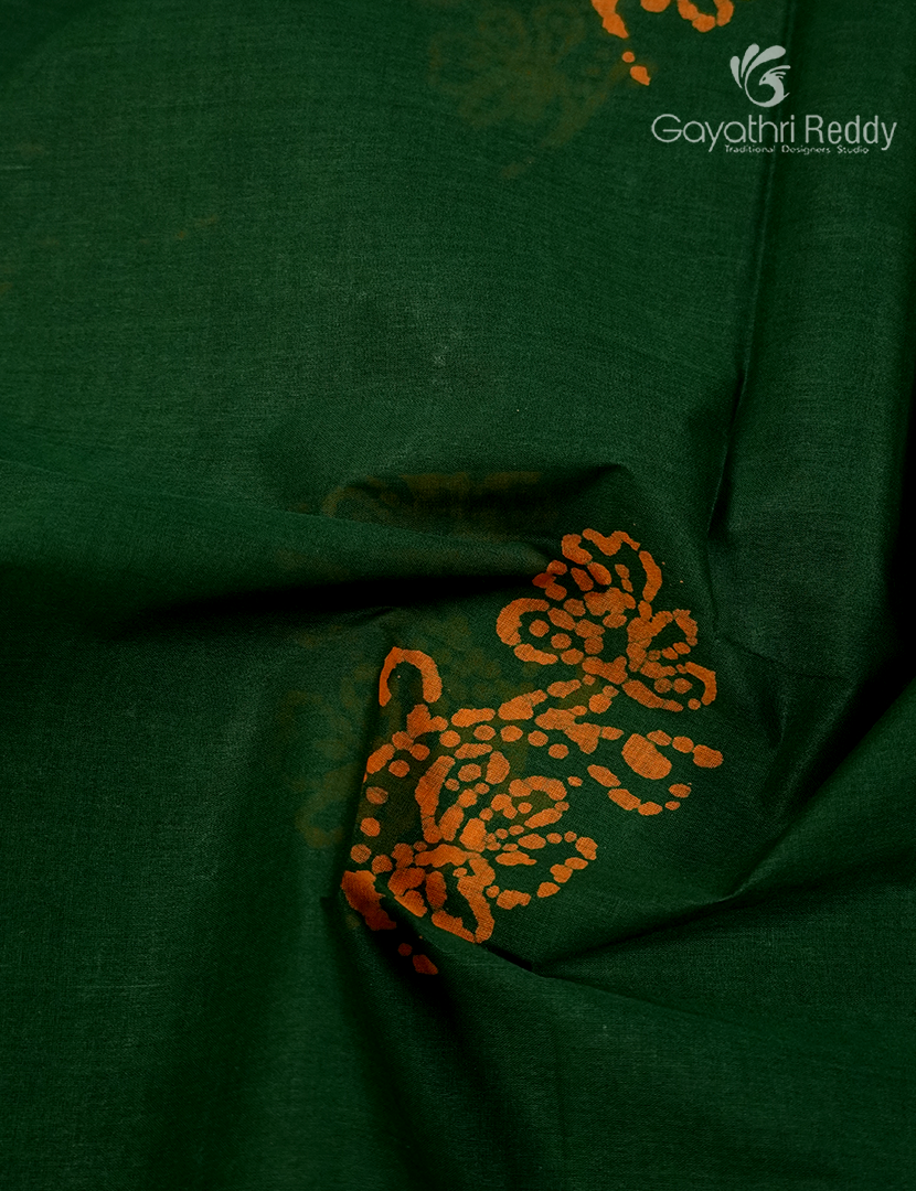 Cotton Batik Print Saree in Mango Green and Mustard