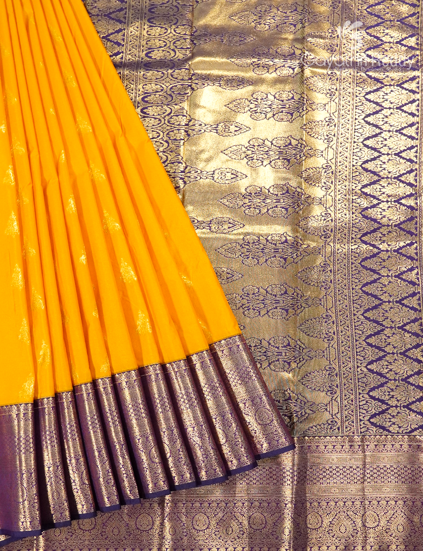 Semi Kanchipuram Silk Saree in Deep Sunshine Yellow and Deep Violet