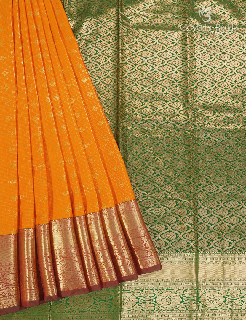 Semi Kanchipuram Silk Saree in Tangerine  and Parrot Green