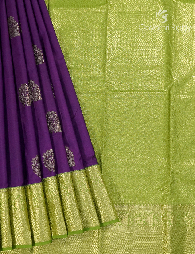 Semi Kanchipuram Silk Saree in Purple and Parrot Green