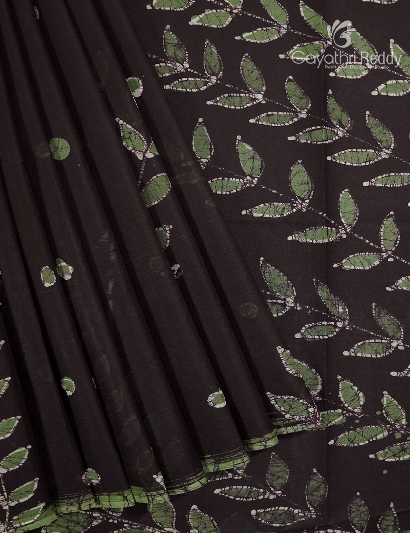 Cotton Batik Print Saree in Slate Black