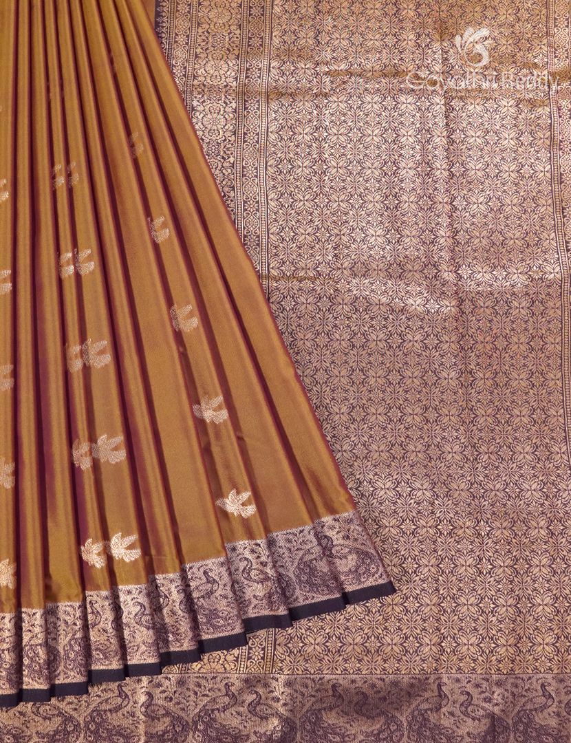 Semi Kanchipuran Silk Saree in Deep Mustard and  Brown