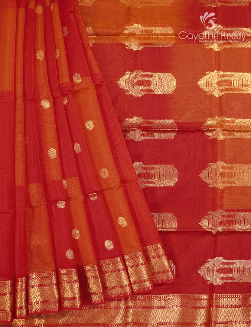Pure Chanderi Sico Saree in Red and Orange