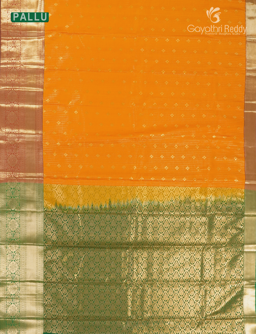 Semi Kanchipuram Silk Saree in Tangerine  and Parrot Green
