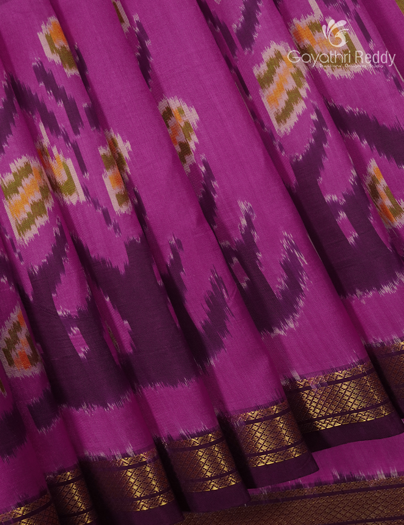 Pure Ikat Silk Saree in Burgundy and Pink