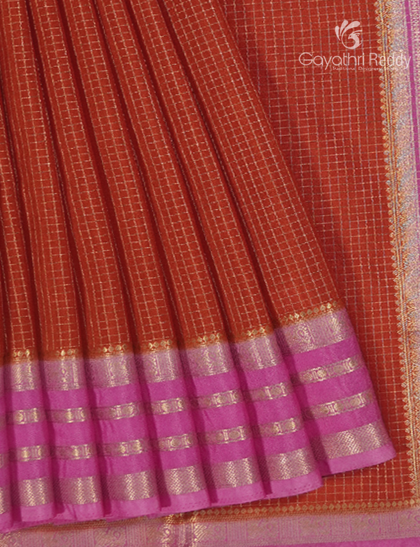 Semi Mysore Crepe Saree in Rust Orange and Baby Pink