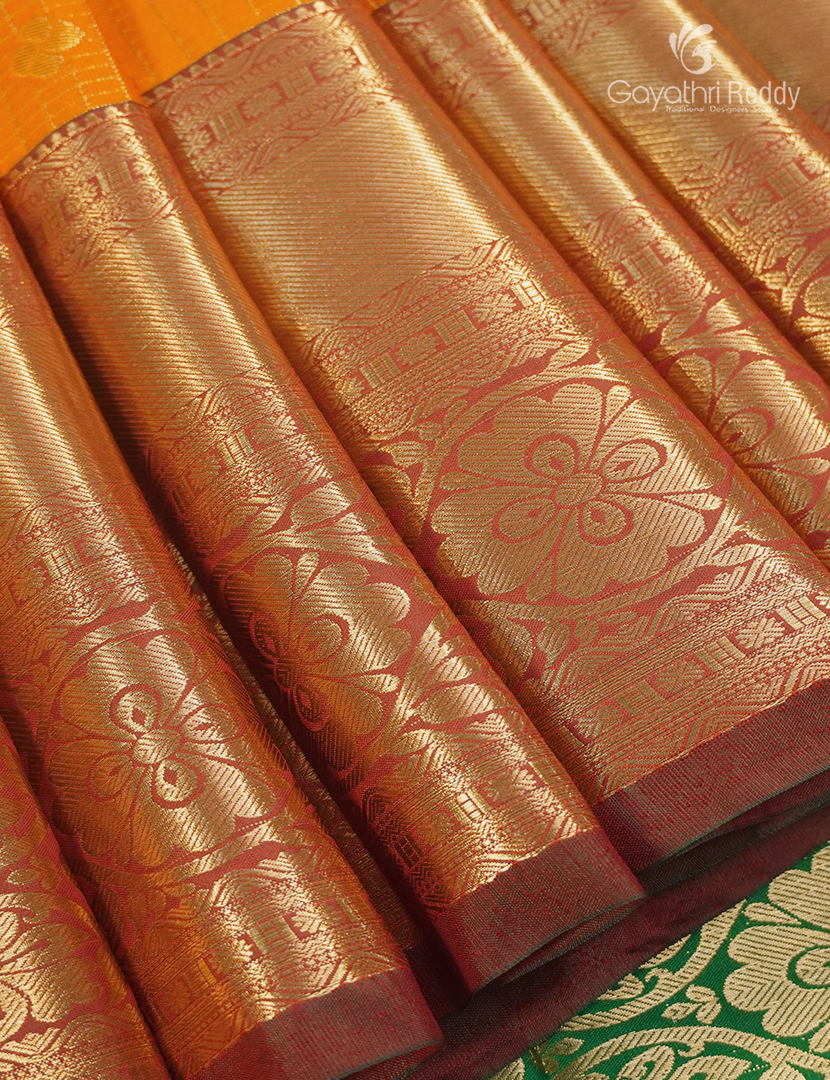 Semi Kanchipuram Silk Saree in Tangerine  and Parrot Green