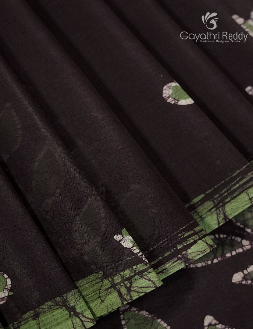 Cotton Batik Print Saree in Slate Black