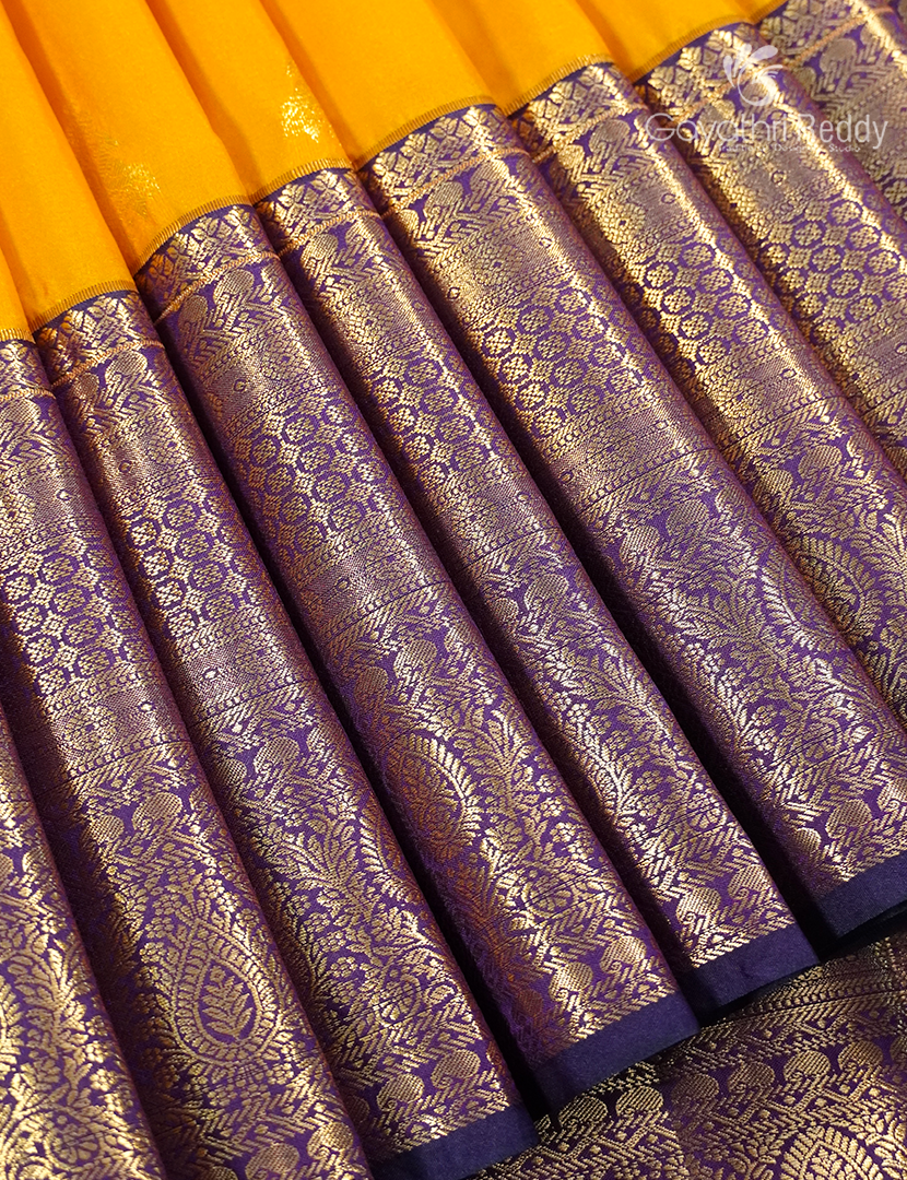 Semi Kanchipuram Silk Saree in Deep Sunshine Yellow and Deep Violet