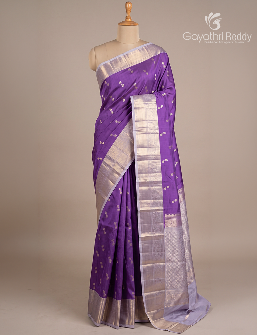 Pure Kanchipuram Silk Saree in Deep Violet and Lavender  (Broad Borders )