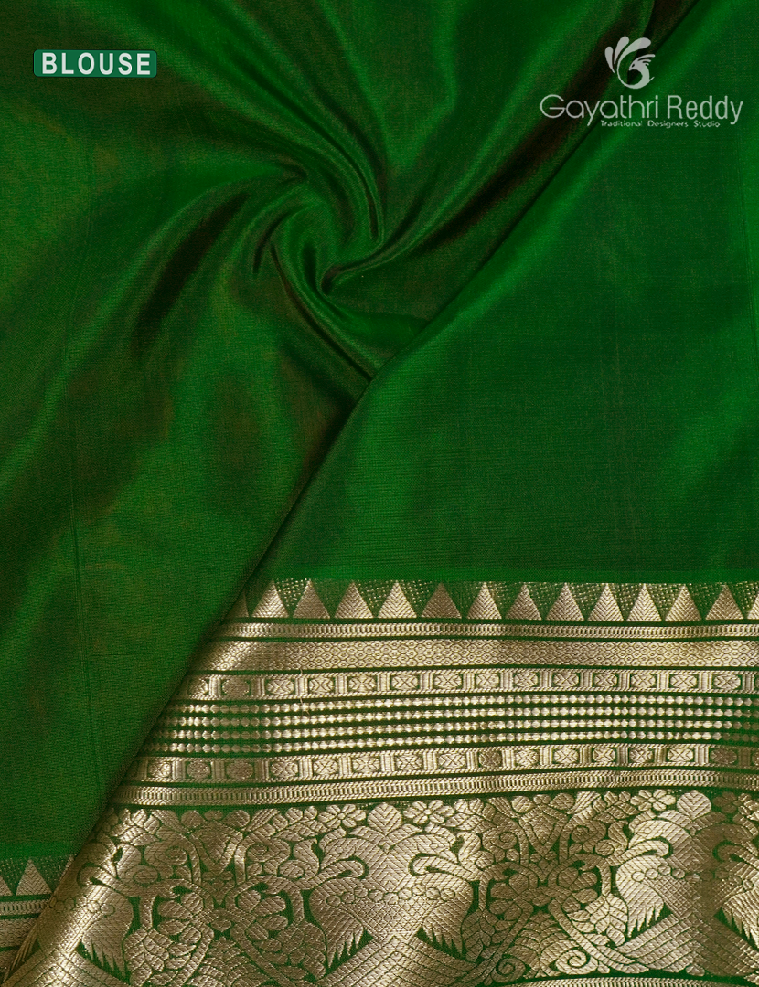 Pure Venkatagiri Silk Saree in Deep Rust and Mango Gree