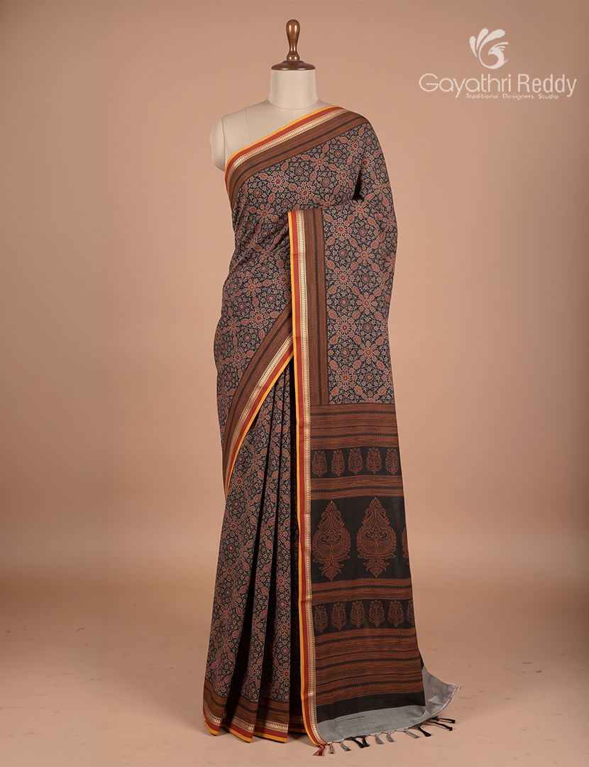 Vidharbha Cotton Saree in Navy Blue and Rust Orange