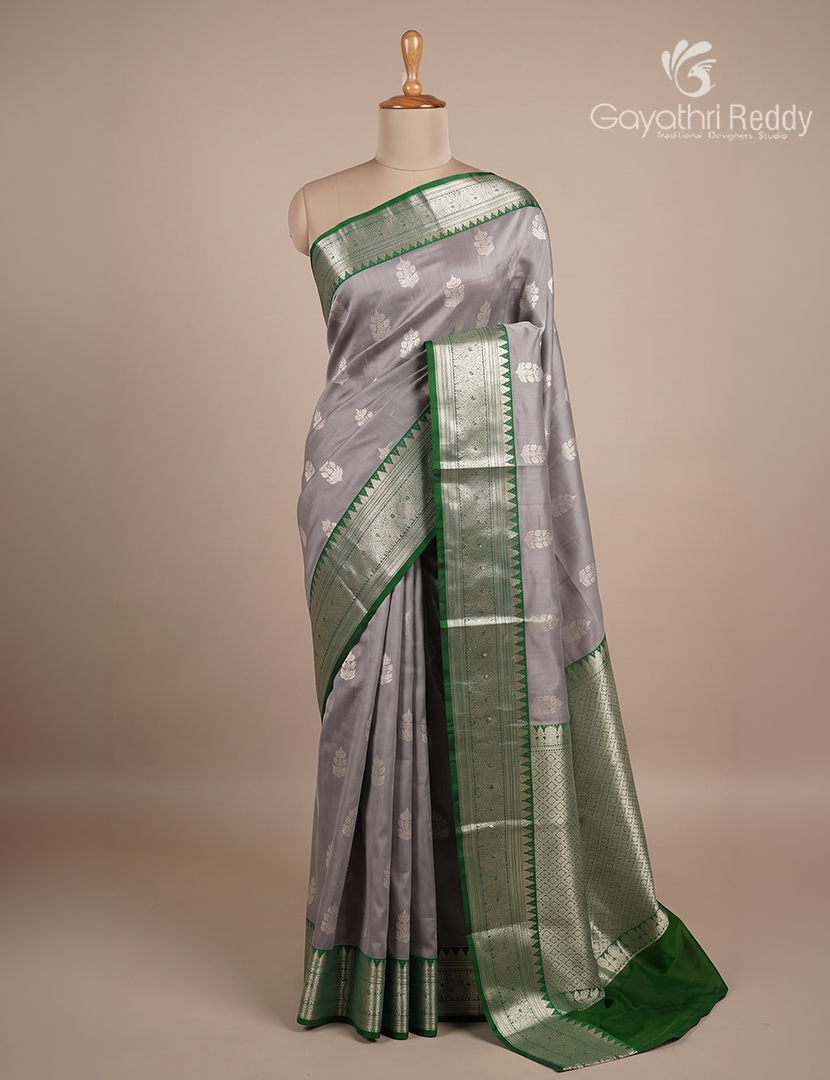 Pure Venkatagiri Silk Saree in Ash Grey and Green