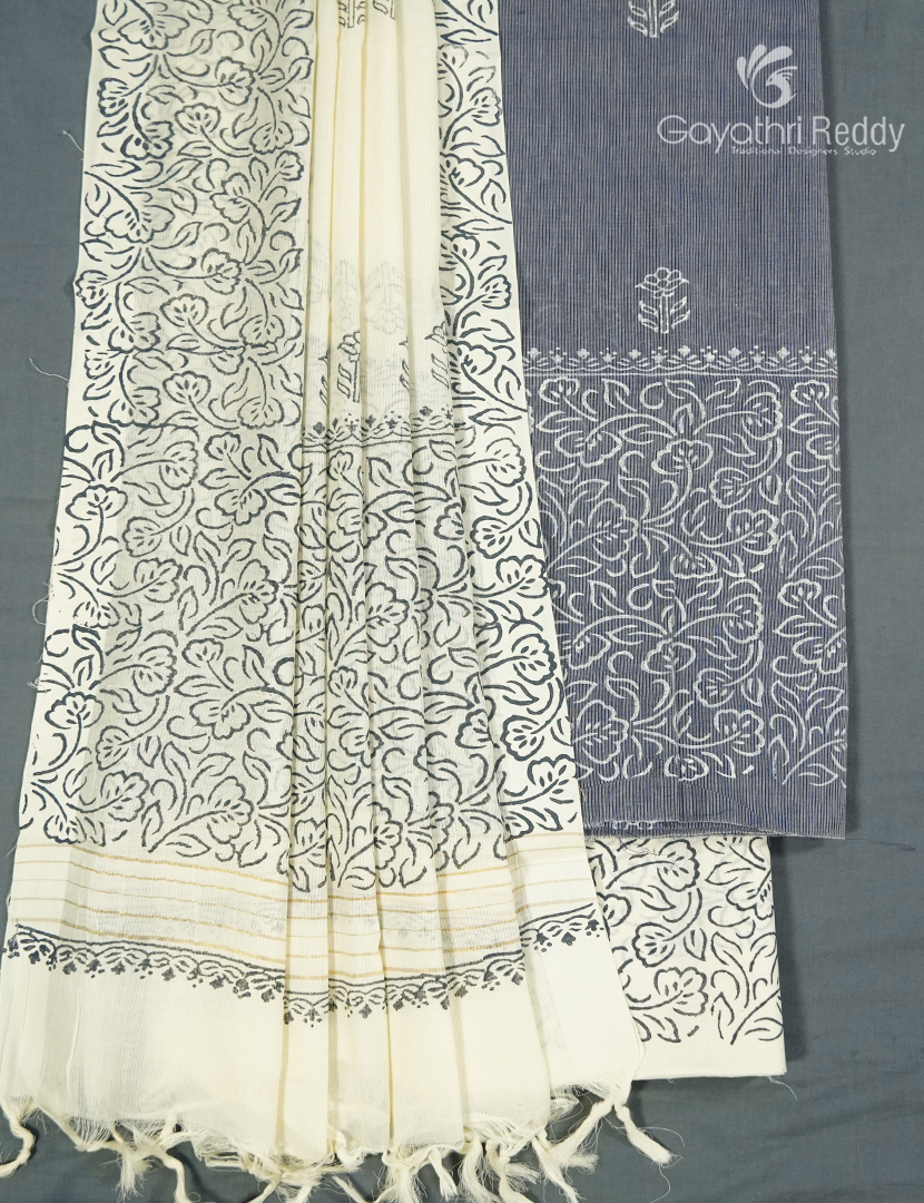 Cotton Dress Material in Ash Grey and Cream