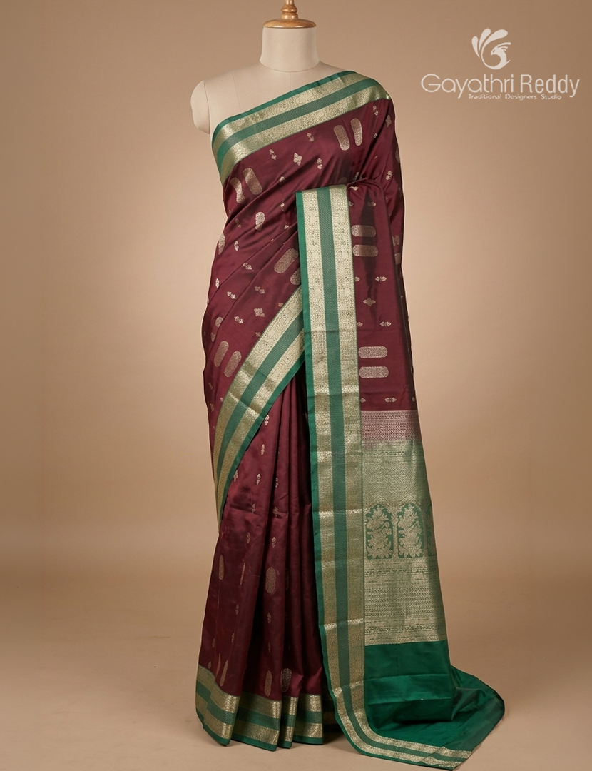Semi Kanchipuram Art Silk Saree in Deep Maroon and Green