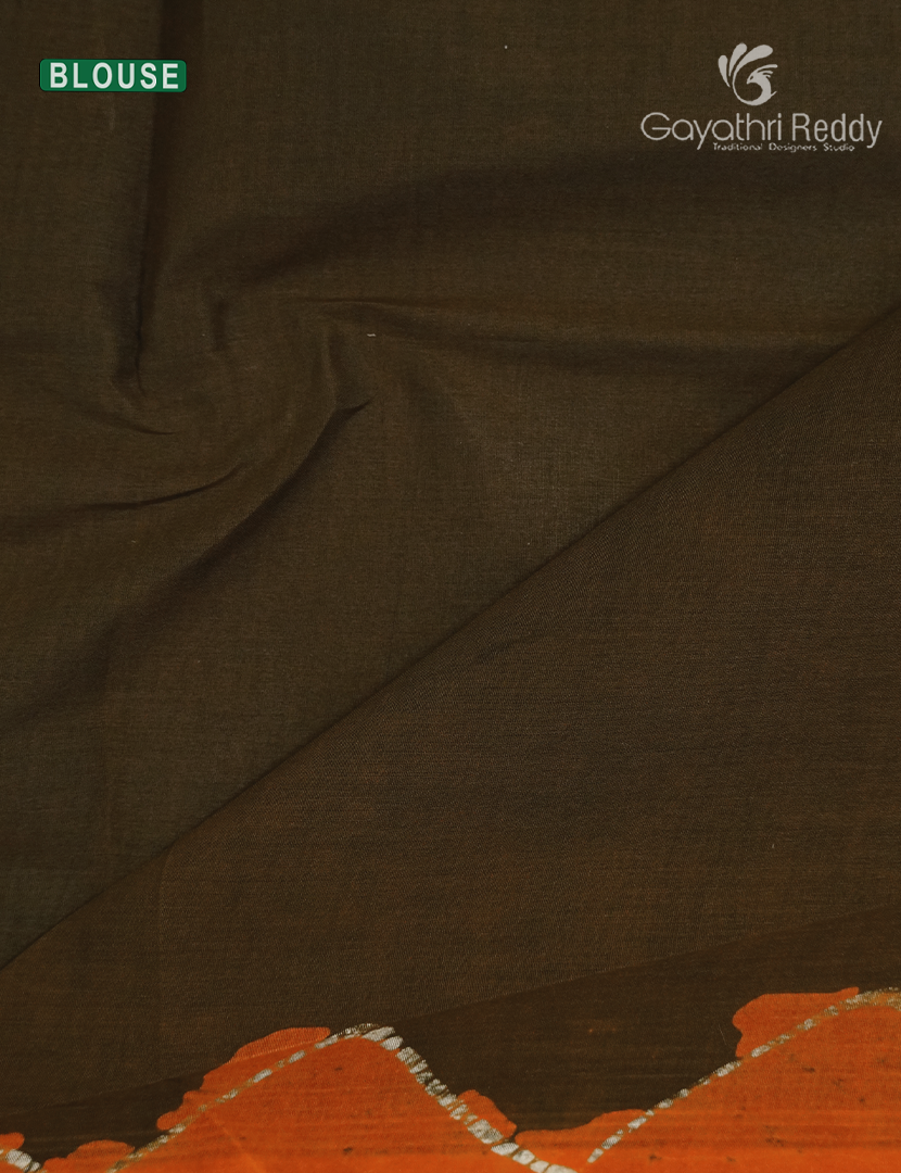 Cotton Batik Print Saree in Deep Mehendi Green and Orange